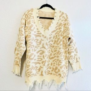 Frayed + Oversized Leopard Print Sweater
